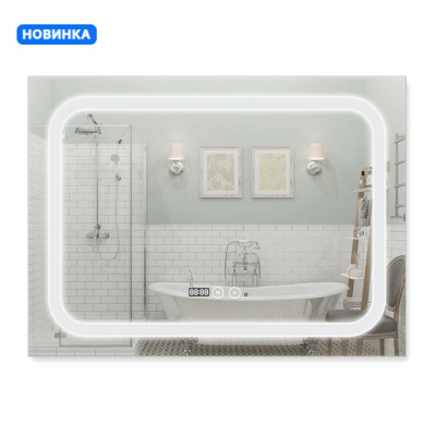 Дзеркало настінне Mideya (MI3) 800х600 мм, прямокутне, з LED-підсвіткою Touch, антизапотіванням, годинником, димером, рег. яскравості Qtap