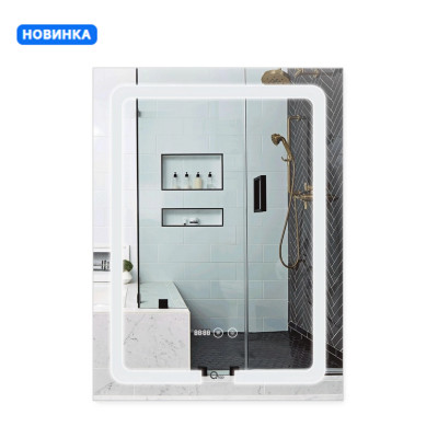 Дзеркало настінне Mideya (MI3) 600х800 мм, прямокутне, з LED-підсвіткою Touch, антизапотіванням, годинником, димером, рег. яскравості Qtap