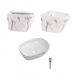 Комплект Qtap Robin Marble 3 в 1: підвісний унітаз Ultra Quiet + біде підвісне + раковина накладна QTROBMR49160