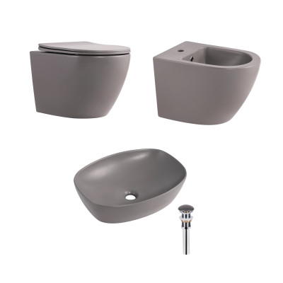 Комплект Qtap Robin Stone grey 3 в 1: підвісний унітаз Ultra Quiet + біде підвісне + раковина накладна QTROBSG49158