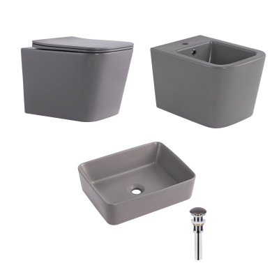 Комплект Qtap Tern Stone grey 3 в 1: підвісний унітаз Ultra Quiet + біде підвісне + раковина накладна QTTERSG49162