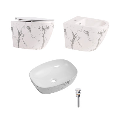 Комплект Qtap Robin Marble 3 в 1: підвісний унітаз Ultra Quiet + біде підвісне + раковина накладна QTROBMR49160 Комплект Qtap Robin Marble 3 в 1: підвісний унітаз Ultra Quiet + біде підвісне + раковина накладна QTROBMR49160
