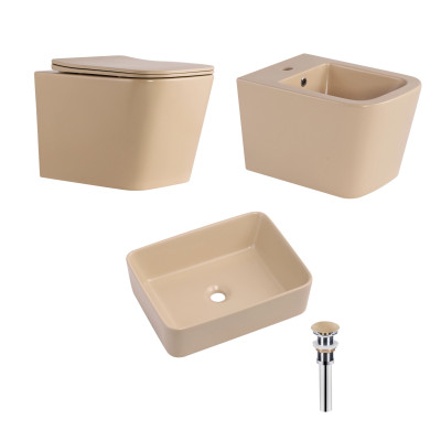 Комплект Qtap Tern Beige 3 в 1: підвісний унітаз Ultra Quiet + біде підвісне + раковина накладна QTTERSB49163