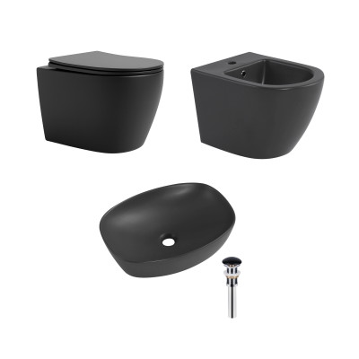 Комплект Qtap Robin Anthracite 3 в 1: підвісний унітаз Ultra Quiet + біде підвісне + раковина накладна QTROBAN49157