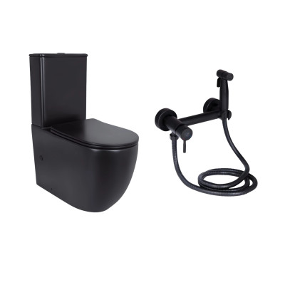 Комплект 2 в 1: підлоговий унітаз Qtap Robin Matt Black QT13226083AMB + набір гігієнічного душу Lidz Aria Black LDARI110BLA43394