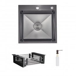 Комплект Lidz Handmade H5050HB Мийка для кухні інтегрована Decor Black PVD Honeycomb у комплекті з дозатором + Lidz LIDZK01B Корзина для кухонної мийки
