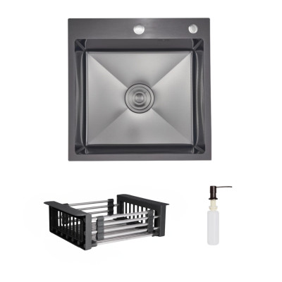 Комплект Lidz Handmade H5050HB Мийка для кухні інтегрована Decor Black PVD Honeycomb у комплекті з дозатором + Lidz LIDZK01B Корзина для кухонної мийки