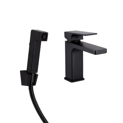 Змішувач для раковини Gemini, Matt Black (k35) з гігієнічним душем QTGEM272BLM45690 Qtap