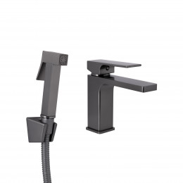 Змішувач для раковини Gemini, Gunmetal Black PVD (k35) з гігієнічним душем QTGEM272GMB45692 Qtap