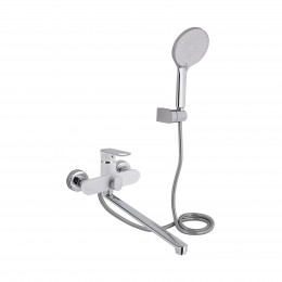 Змішувач для ванни Jay, Chrome/White (k35) з довгим поворотним виливом та душовим гарнітуром QTJAY2601CRW45552 Qtap