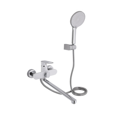 Змішувач для ванни Jay, Chrome/White (k35) з довгим поворотним виливом та душовим гарнітуром QTJAY2601CRW45552 Qtap